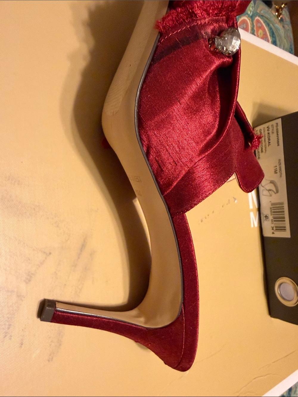 Nine West Burgundy Satin Pointed Toe Mule with Gem Accents - Picture 9 of 10
